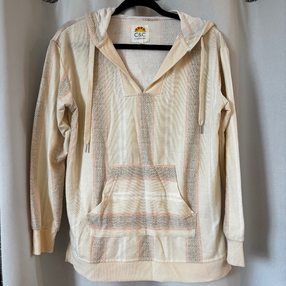 C&C California Womens Neutrals Stripe Ivory Hoodie Pullover Sweatshirt